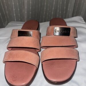 CHANEL Pink Suede Double-Strap Logo Slide Sandals